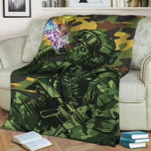 Stoner Soldier Smoking Marijuana Camouflage Throw Blanket
