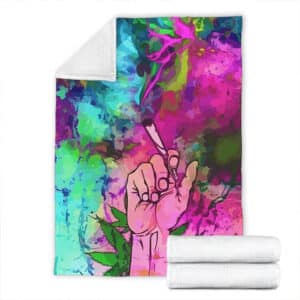 Vibrant Painting Hand Holding Weed Blunt Fleece Blanket