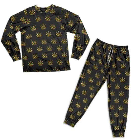 Unique Cannabis Leaf Rastafari Pattern Black Pajamas Set