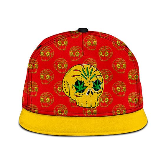 Calavera Skull Cartoon Weed Pattern Red Snapback Hat