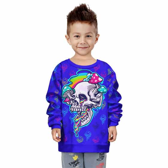Skull & Magic Mushrooms Psychedelic Trip Blue Kids Sweater