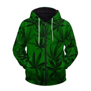 Stylish Cannabis Weed Leaves Pattern Green Zip Up Hoodie