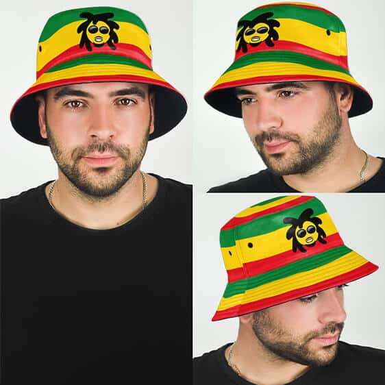 Awesome Doobie Man Emoji Rastafarian Colors Bucket Hat