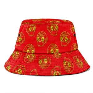 Golden Skull Hemp Marijuana Leaf Pattern Red Bucket Hat