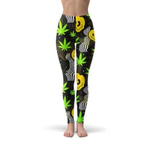 Trippy Melted Smiley & Weed Pattern Leggings