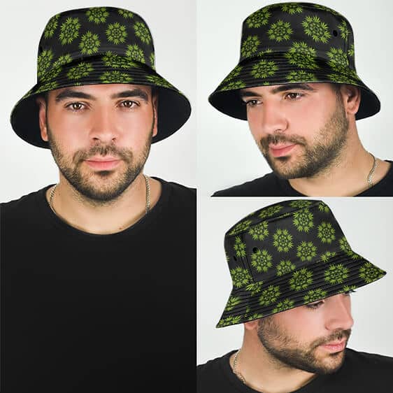 Stylish Circle Of Weed Leaf Pattern Black Bucket Hat