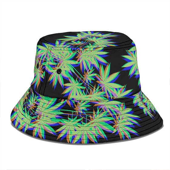 Trippy Glitch Marijuana Leaf Design Art Black Bucket Hat