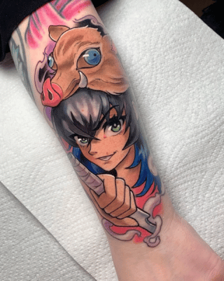 Inosuke With Boar Mask Arm Tattoo