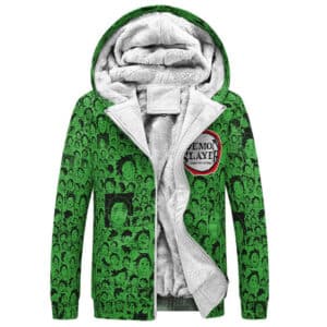 Tanjiro Chibi Faces Green Fleece Hooded Jacket